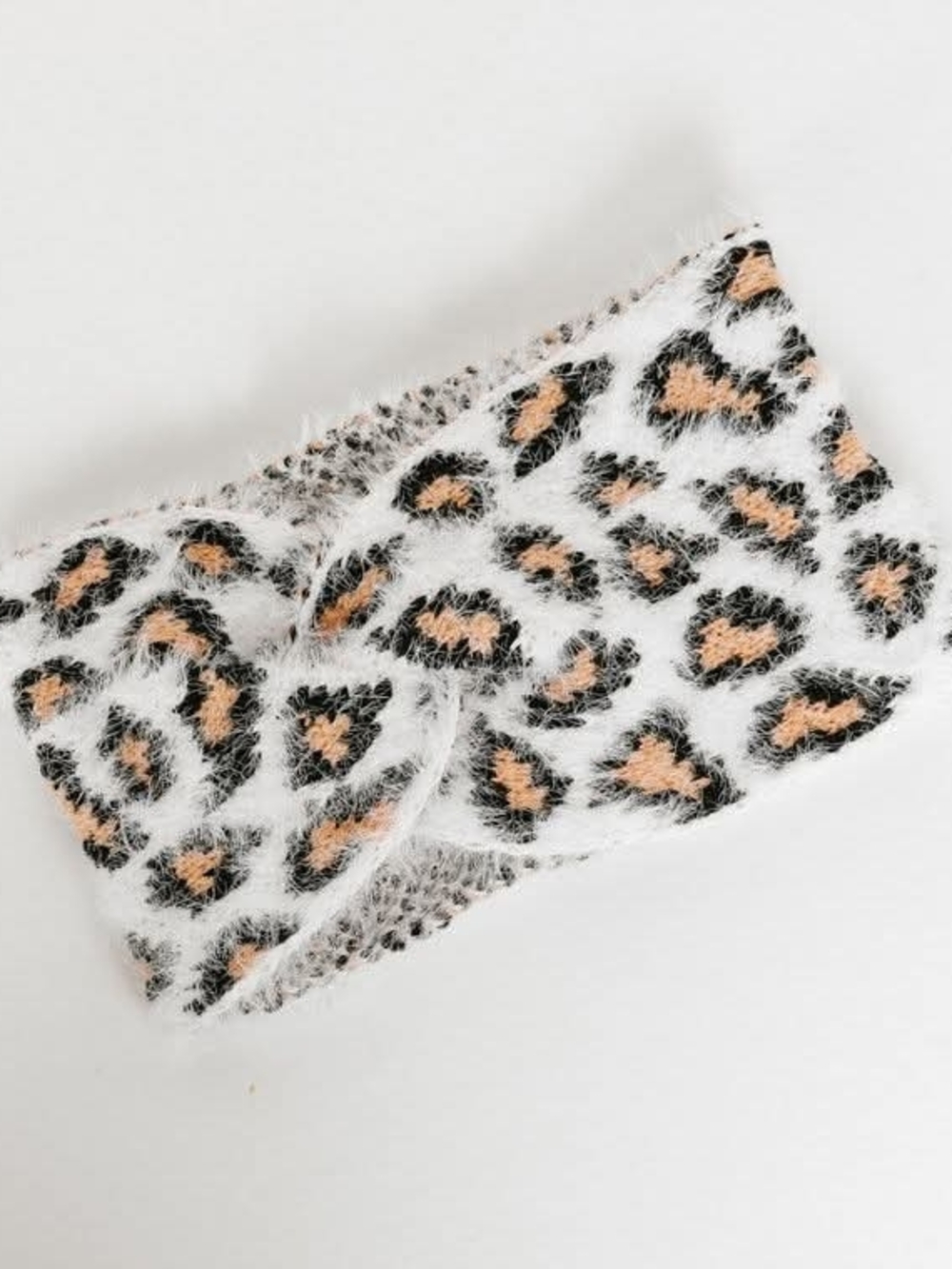 Fuzzy Leopard Twist Headband - White & Tan